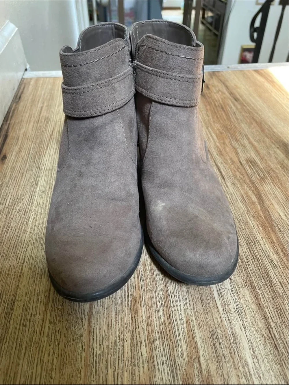 Women's Taupe Suede Ankle Boots with Decorative Buckle